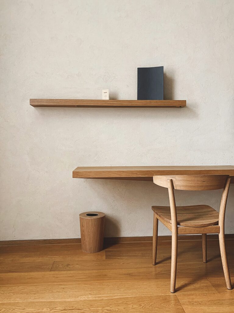 Wall mounted wooden desk with shelf, inspiration for custom tables