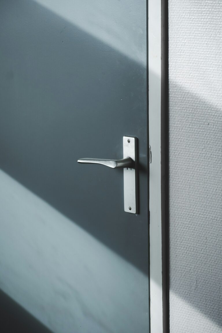 Brushed steel door handle on a grey door, inspiration for custom doors