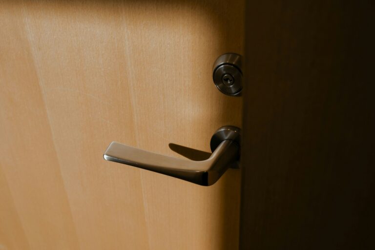 Modern steel door handle on a light wood door, inspiration for custom doors
