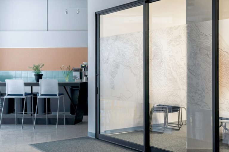 Glass sliding door with black frame, inspiration for custom doors