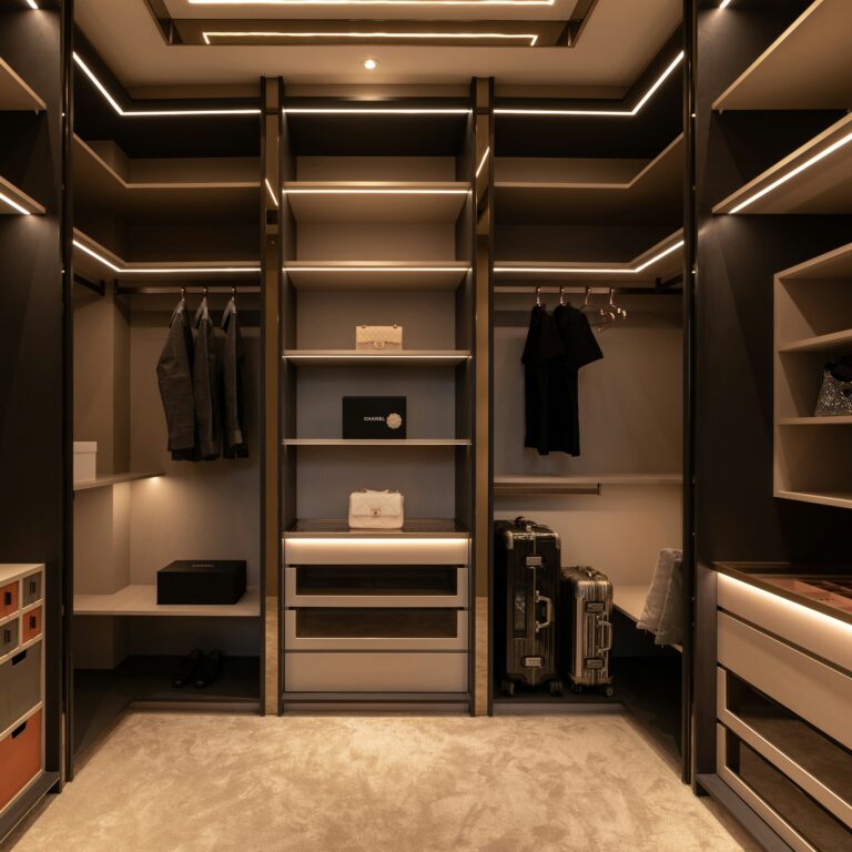 Wardrobe with built in lighting in shelves and drawers, inspiration for custom wardrobes