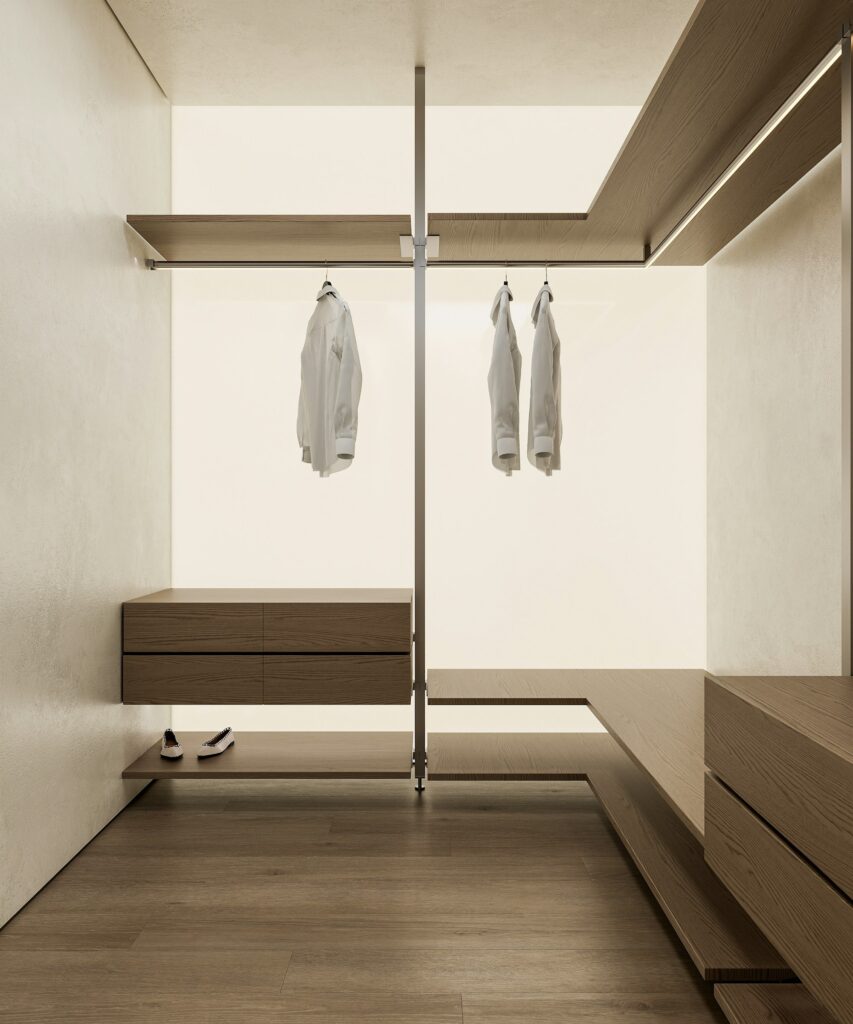 Minimalist walk in wardrobe with wooden shelves and hanging rail, inspiration for custom wardrobes