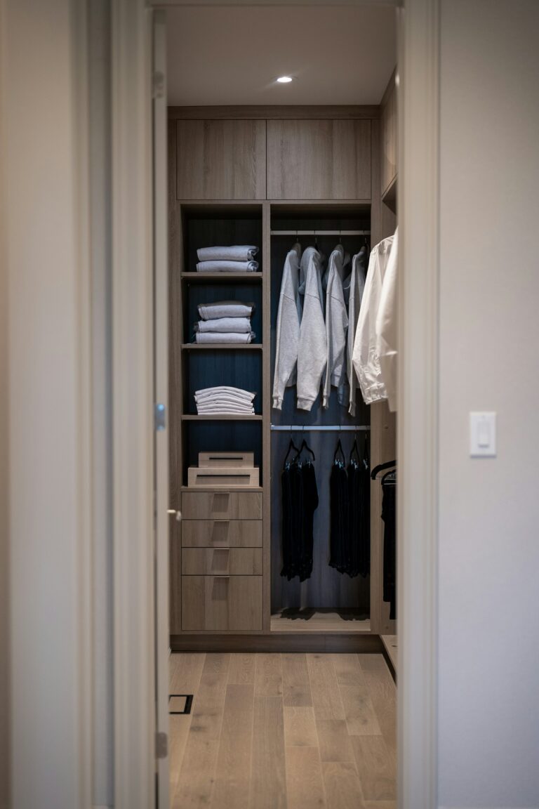Walk in wardrobe with wooden shelves, drawers and hanging space, inspiration for custom wardrobes