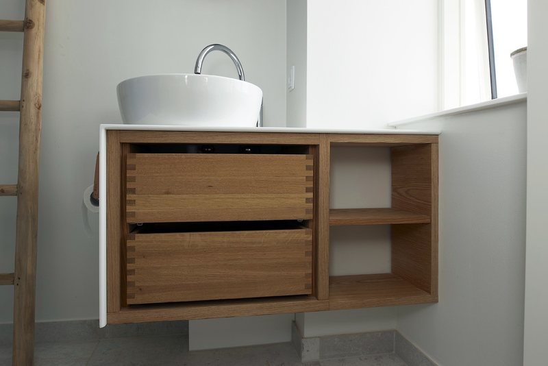 Oak vanity unit with open shelves and drawers