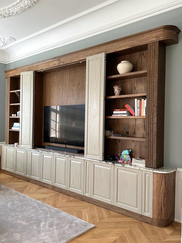 TV cabinet in smoked oak with folding doors and marble top